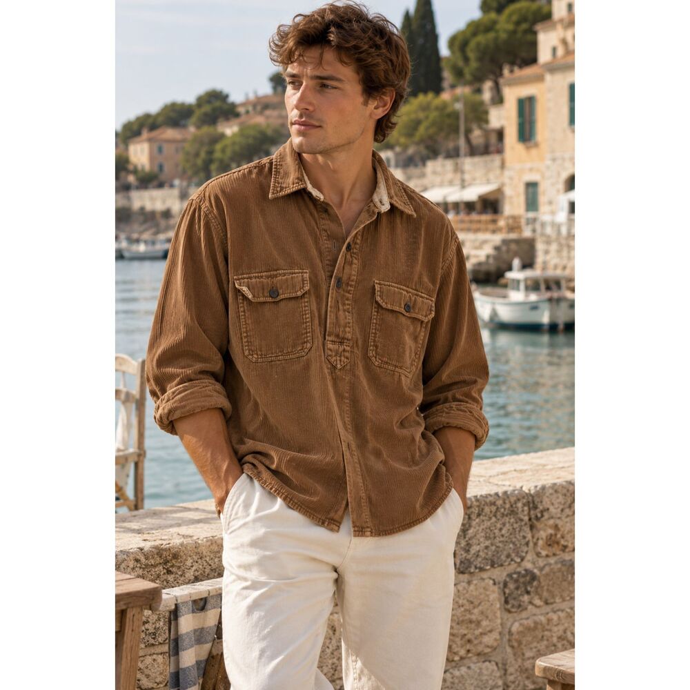 Vintage J. Crew Brown Corduroy Button Up Office Polo Shirt Top  Mens Size Large